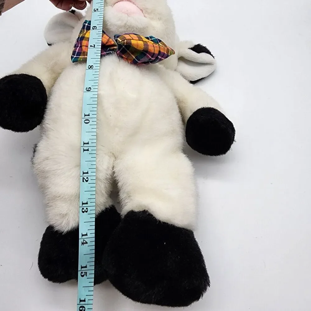 Commonwealth Cow Plush 15” Black White Fur Plaid Bow Flat Eyes Stuffed Animal